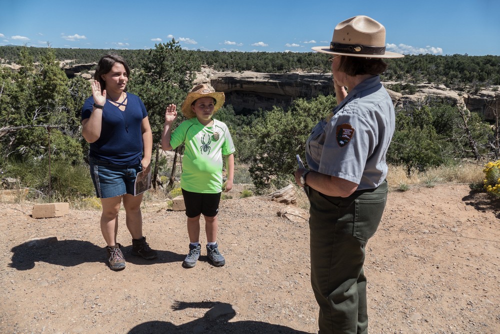 Miranda and Matthew being sworn in as Junior Rangers.<br />Aug. 16, 2017 - Mesa Verde National Park, Colorado.