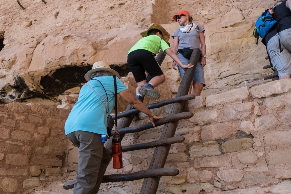 Joyce and Matthew on the ladder.<br />Ranger guided tour of Long Huose.<br />Aug. 16, 2017 - Mesa Verde National Park, Colorado.