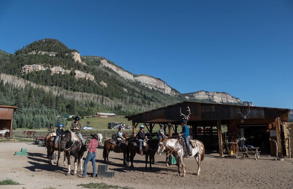 Matthew, Miranda, Holly, and Carl on horses.<br />Aug. 17, 2017 - Rapp Corral, Durango, Colorado.