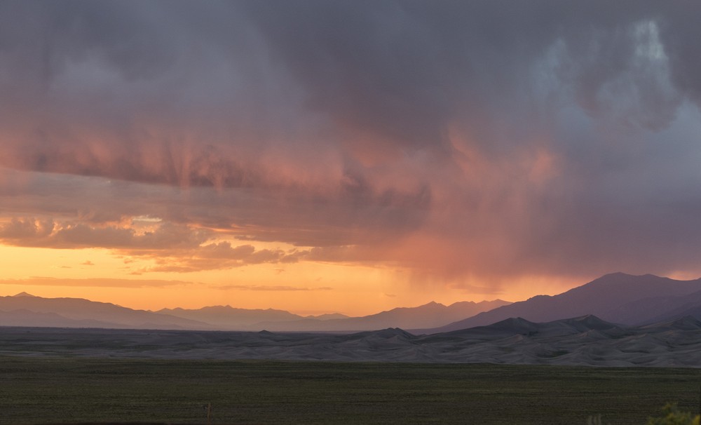 View of dunes of the Great Sand Dunes National Park at sunset.<br />Aug. 17, 2017 - Great Sand Dunes Lodge, Mosca, Colorado.