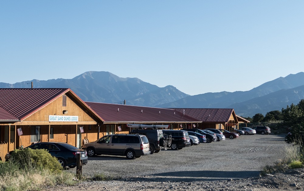 Lodge with the Sangre de Cristo Range in back.<br />Aug. 18, 2017 - Great Sand Dunes Lodge, Mosca, Colorado.