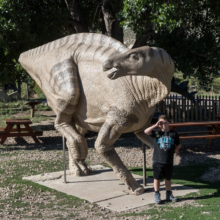 Matthew and iguanodon.<br />Dinosaur Ridge.<br />Aug. 19, 2017 - Morrison, Colorado.