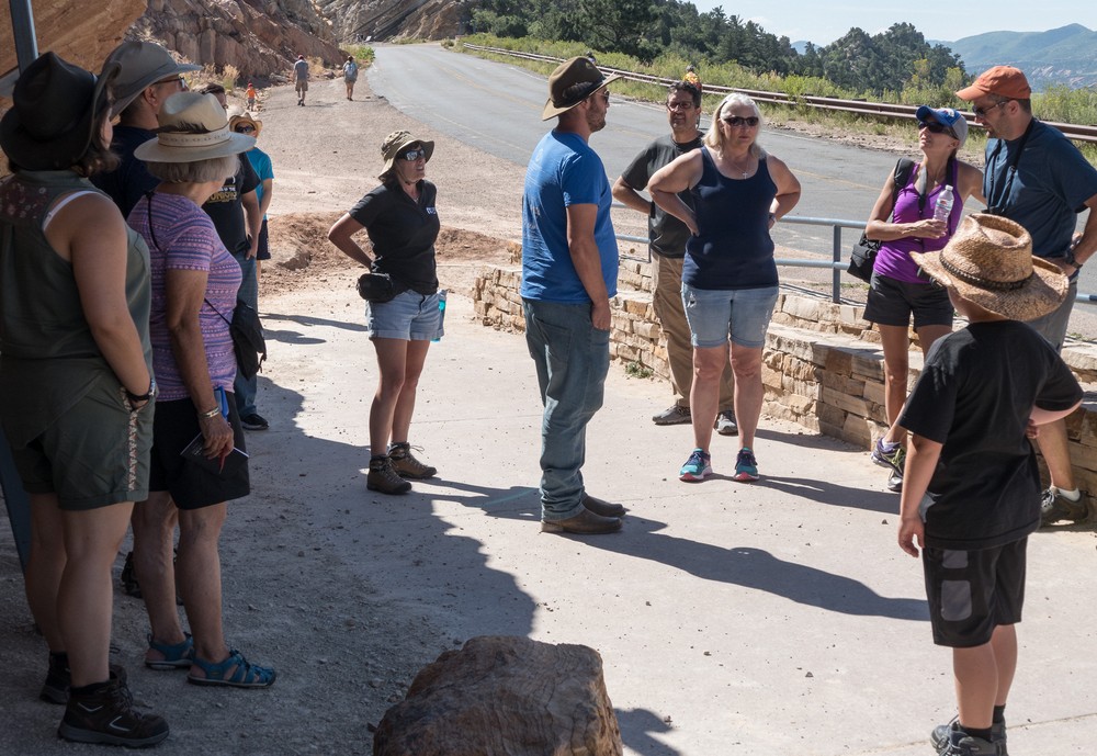 Miranda, Carl, Joyce, Holly, Matthew and others listening to our guide.<br />Dinosaur Ridge.<br />Aug. 19, 2017 - Jefferson County, Colorado.