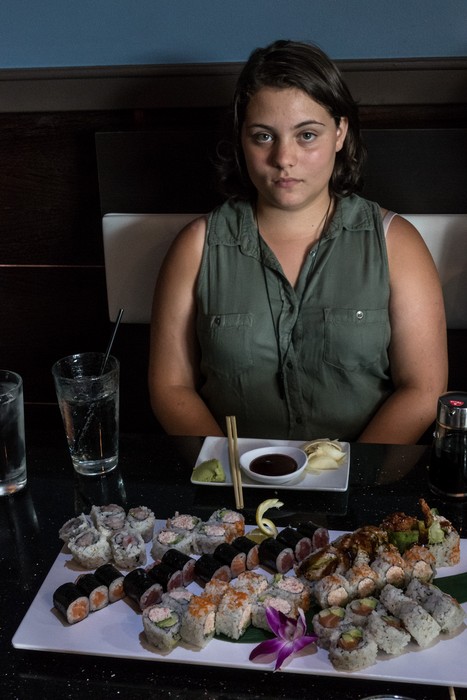 Miranda and hers and Matthew's order of sushi.<br />At Hana Matsuri Sushi Restaurant.<br />Aug. 19, 2017 - Lakewood, Colorado.