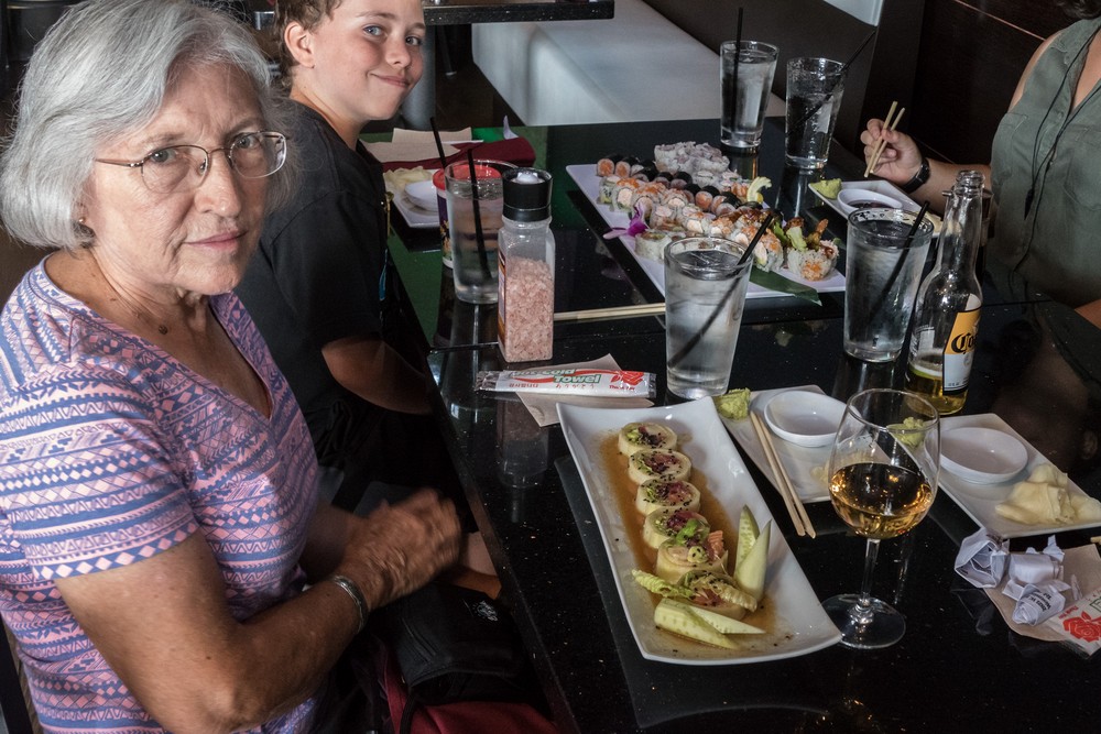 Joyce, Matthew, and lots of sushi.<br />At Hana Matsuri Sushi Restaurant.<br />Aug. 19, 2017 - Lakewood, Colorado.