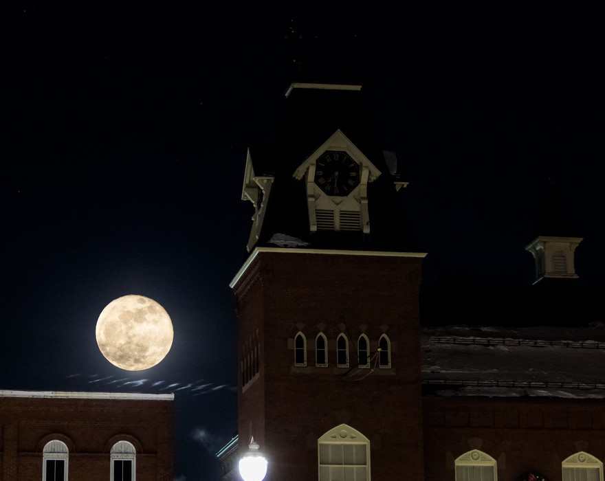 Full moon downtown.<br />Moon pasted in from photo *001.<br />Jan. 2, 2018 - Merrimac, Massachusetts.