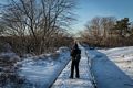 Joyce on boardwalk to parking lot #3.<br />Jan. 10, 2018 - Parker River National Wildlife Refuge, Plum Island, Massachusetts.