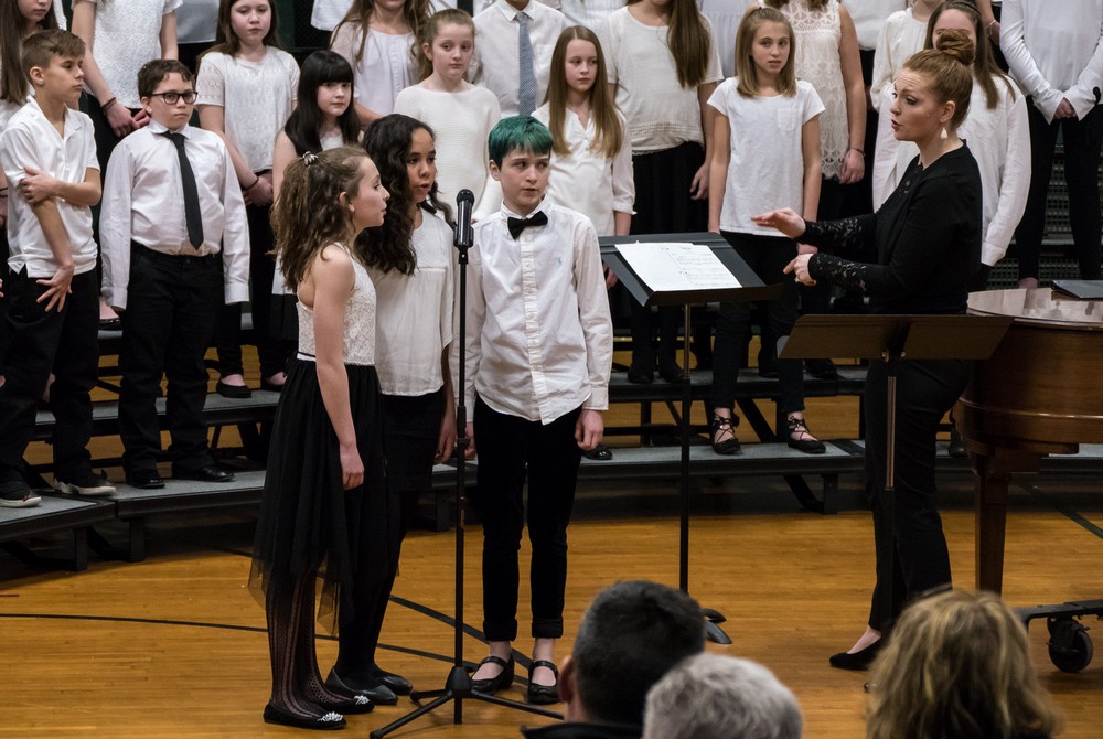 Matthew and Phoebe in green hair and other chorus members.<br />Jan. 24, 2018 - Miscoe Hill Middle School, Mendon, Massachusetts.