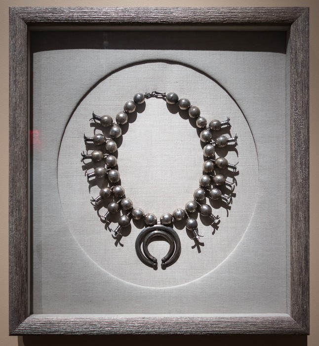 Navajo squash blossom necklace the Georgia O'Keeffe used as wall decoration.<br />Georgia O'Keeffe exhibit.<br />Jan. 26, 2018 - PEM, Salem, Massachusetts.