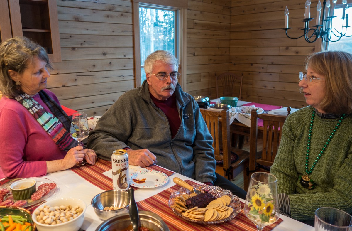 Moe, John, and Carol.<br />Vernal equinox party.<br />March 17, 2018 - At Michael and Kathleen's in Campton, New Hampshire.