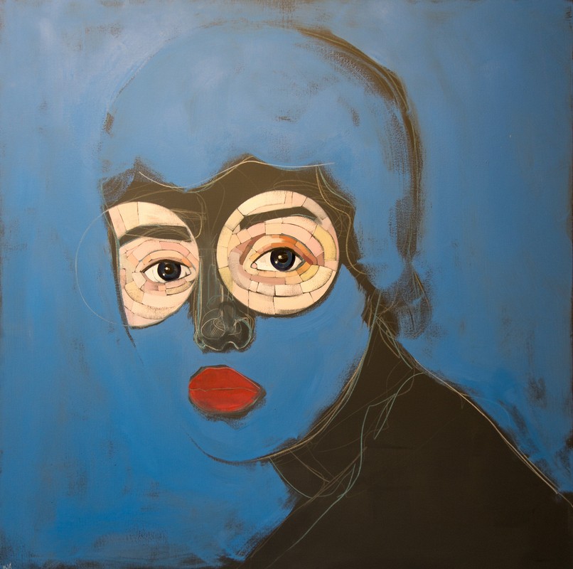 Mia Cross: "Blue Baby", 48x48",  oil on canvas, $4000.<br />Paula Estey Gallery.<br />March 20, 2018 - Newburyport, Massachusetts.