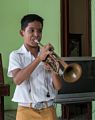 Eleven year old Cristian playing the trumpet.<br />"Lauro Fuentes" Community Music School <br />Nov. 1, 2016 - Santiago de Cuba.