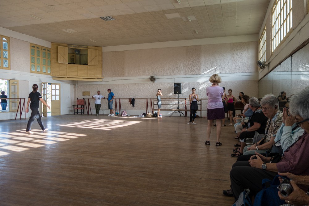 Our Road Scholar group at he Ballet de Camag�ey campus.<br />First of two rehearsal halls we saw.<br />Nov. 3, 2016 - Camag�ey, Cuba.