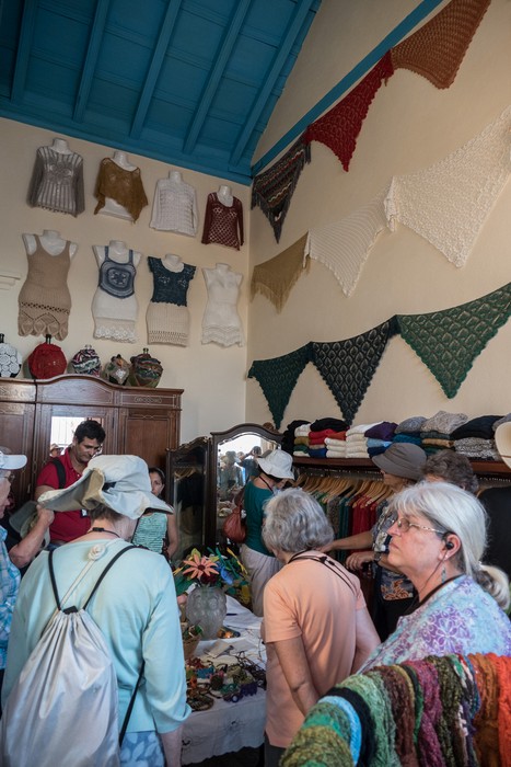 Joyce, Janet, and other Road Scholars in store of handmade clothing.<br />Nov. 5, 2016 - Trinidad, Cuba.