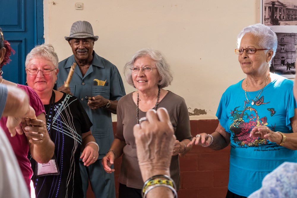 Norma, Joyce, and others join in the dancing.<br />Nov. 7, 2016 - At the Sabore Arte paladar, Santa Clara, Cuba