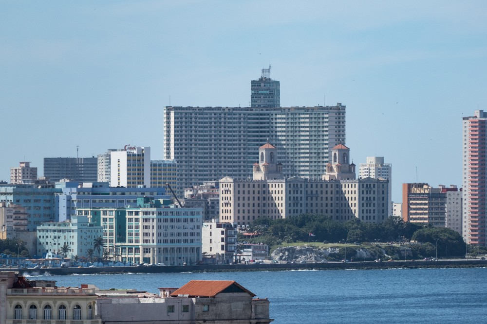 View across the harbor channel.<br />Our hotel is the building with the twin towers.<br />Fortaleza de San Carlos de la Caba�a.<br />Nov. 9, 2016 -  East Havana, Cuba