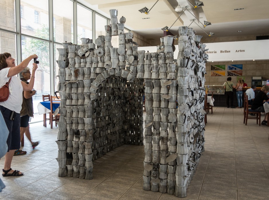 The 'Cafedral', build from espresso makers by Roberto Fabelo.<br />Museo Nacional de Bellas Artes.<br />Nov. 10, 2016 - Havana, Cuba.