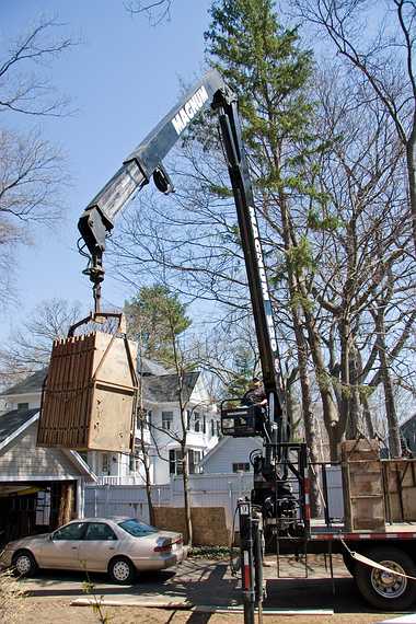 April 19, 2008 - Merrimac, Massachusetts.<br />The foundation forms are being delivered.<br />Please don't drop the load on my car.