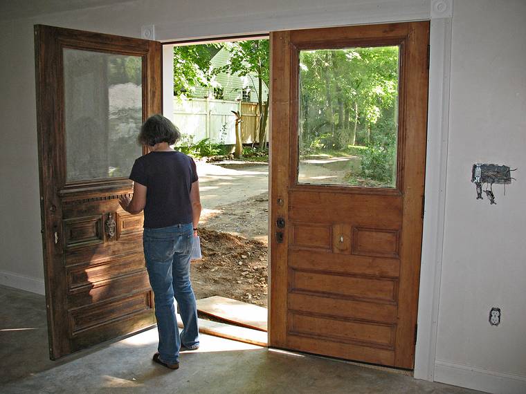 June 30, 2008 - Merrimac, Massachusetts.<br />Joyce's studio nearing completion.<br />Joyce and the front doors from the inside.