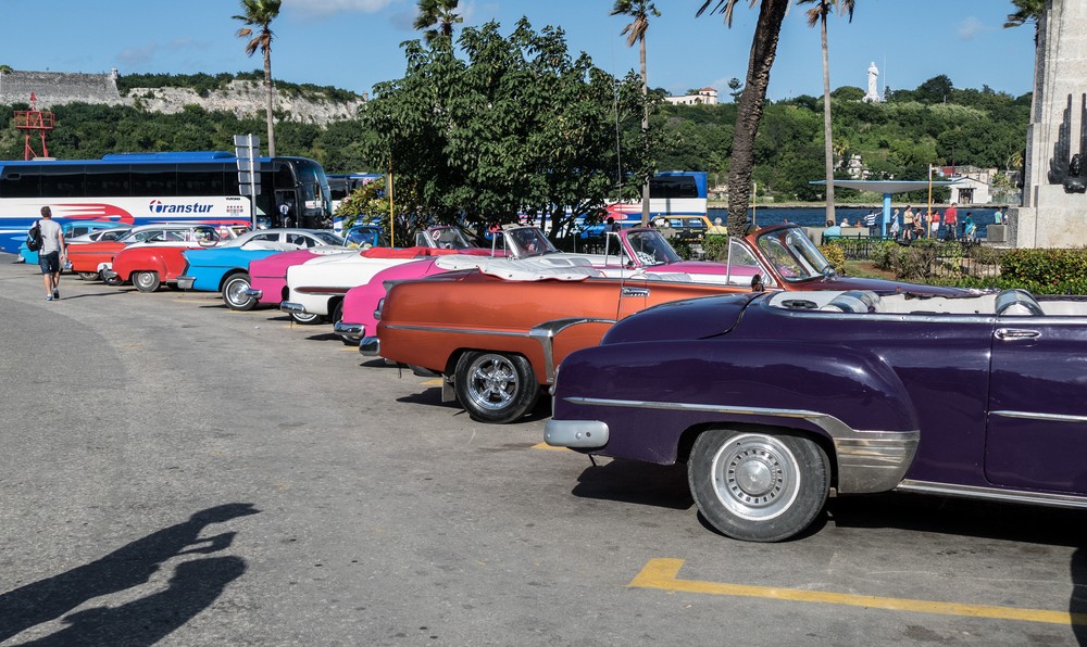 Old American cars used as taxis.<br />Nov. 8, 2016 - Off Plaza de Armas, Havana, Cuba.